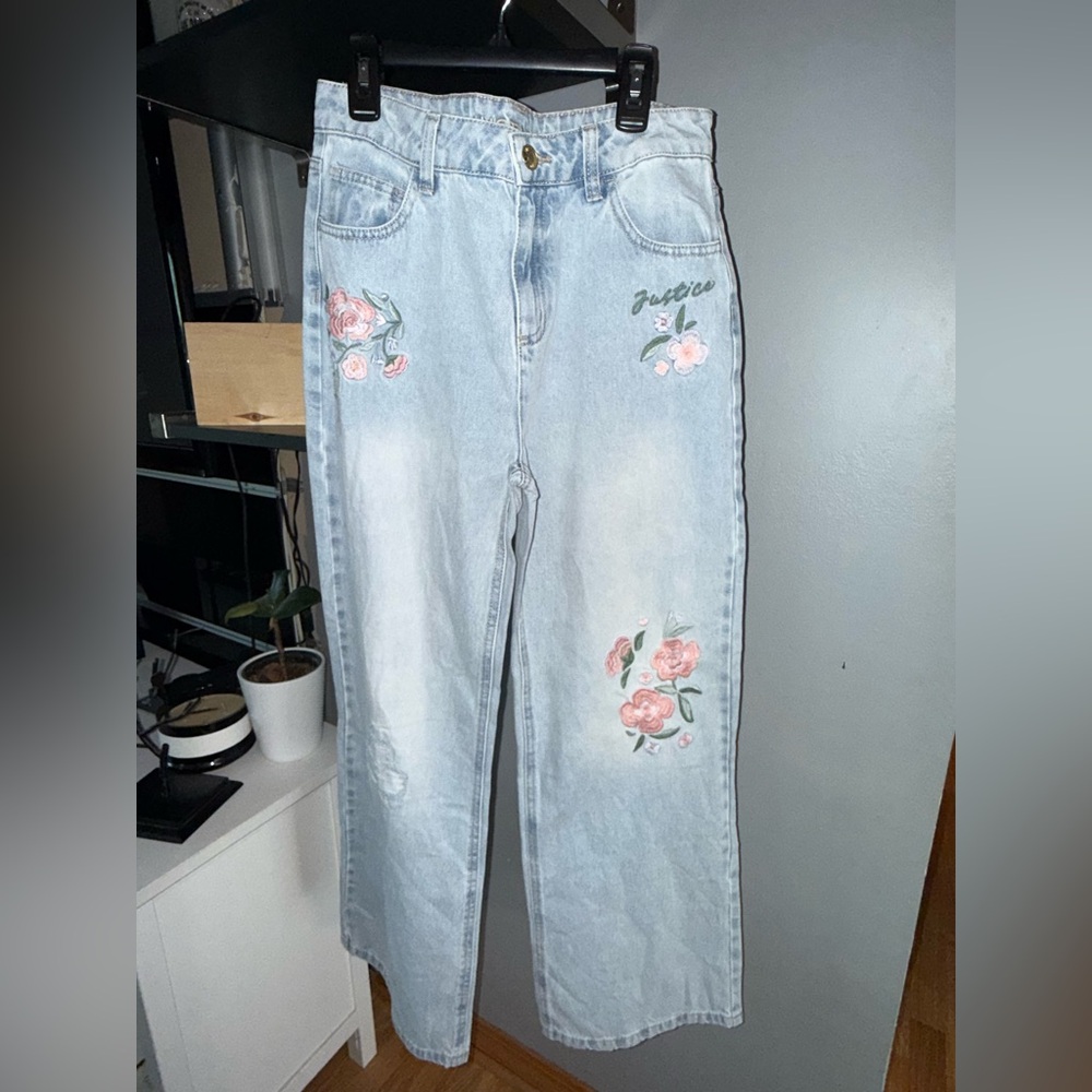 Justice Light Wash Straight-Leg Jeans with Pink Floral Embroidery